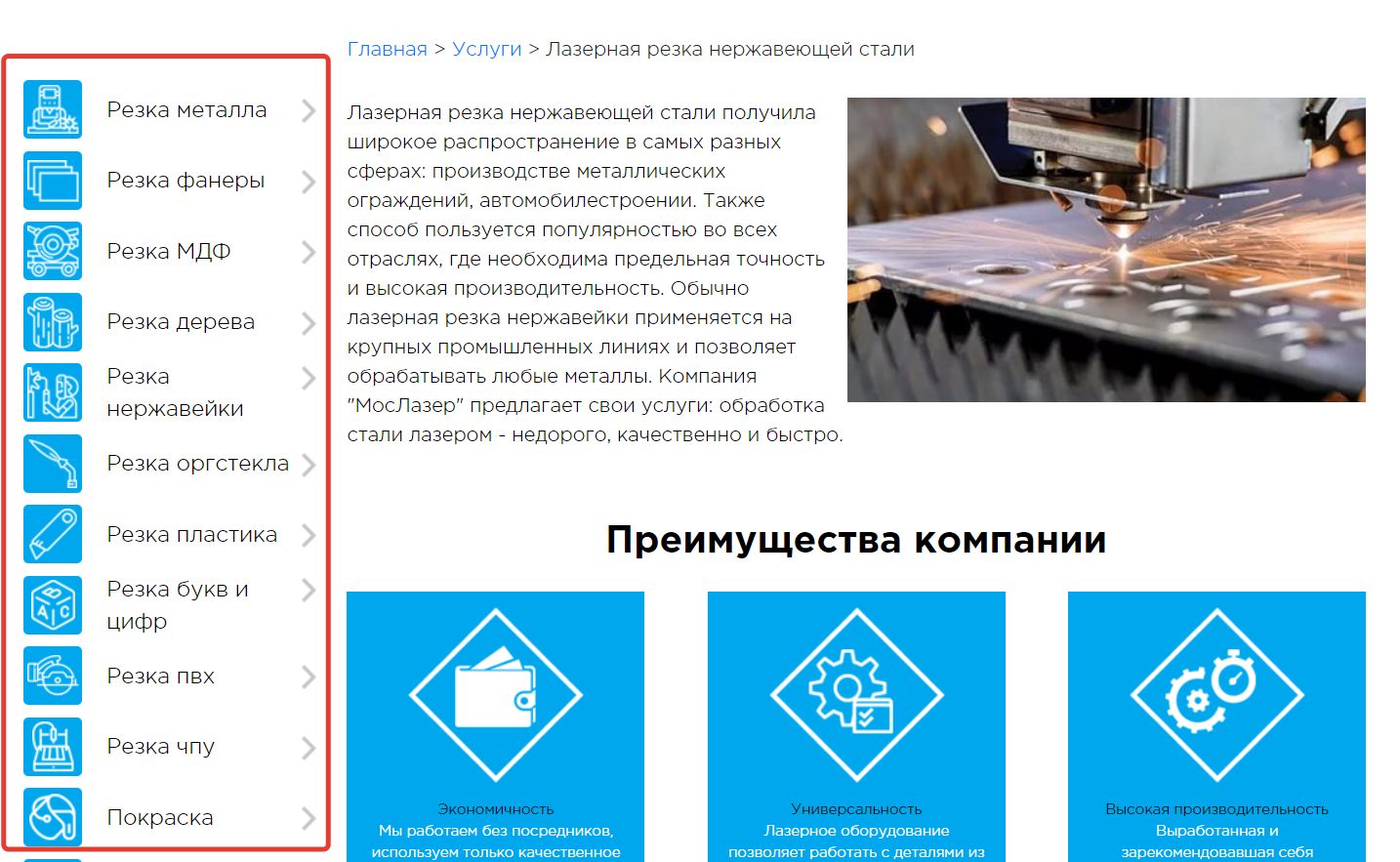 Состав услуг по лазерной резке